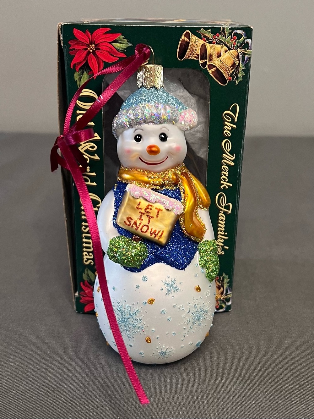 Old World Christmas Glass Glistening “Let It Snow” Snowman Ornament 5.5”